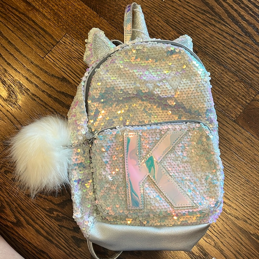 Backpack .Justice little girls unicorn backpack with K on it
